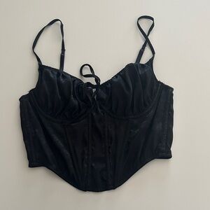 Elegant Black Satin Corset Top with Floral detail. Adjustable clasp